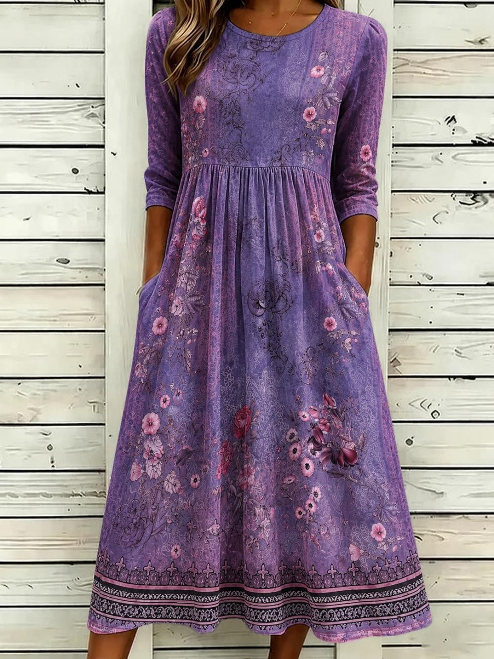 Purple Vintage Floral Ethnic Border Crew Neck 3/4 Sleeve Loose Midi Dress With Pockets