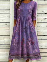 Purple Vintage Floral Ethnic Border Crew Neck 3/4 Sleeve Loose Midi Dress With Pockets