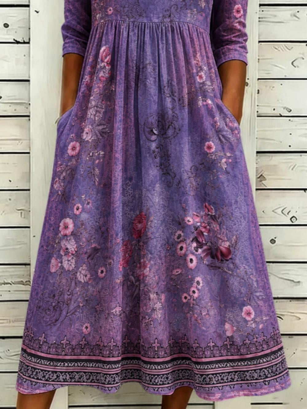 Purple Vintage Floral Ethnic Border Crew Neck 3/4 Sleeve Loose Midi Dress With Pockets