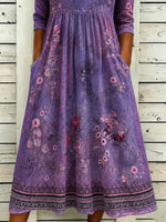 Purple Vintage Floral Ethnic Border Crew Neck 3/4 Sleeve Loose Midi Dress With Pockets