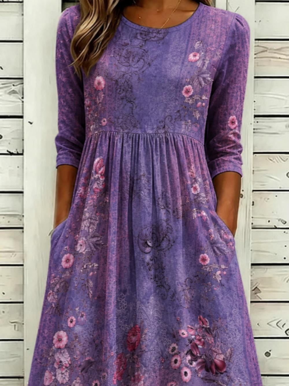 Purple Vintage Floral Ethnic Border Crew Neck 3/4 Sleeve Loose Midi Dress With Pockets