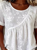 White 3D Floral Embroidery Round Neck Cuffed Short Sleeve Ruched Loose Summer Casual Top