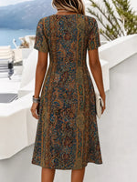 Women Floral Ethnic Summer Dress V Neck Short Sleeve A-Line Midi T-Shirt Dress