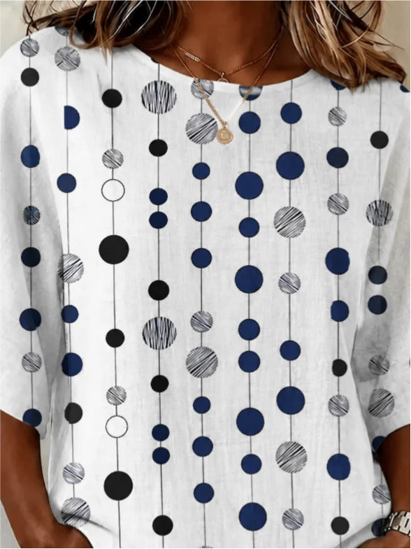 Crew Neck Half Sleeve Abstract Polka Dots Printing Regular Micro-Elasticity Loose Blouse For Women