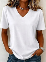 White Solid Vintage Plain V Neck Short Sleeve Basic Casual T-Shirt