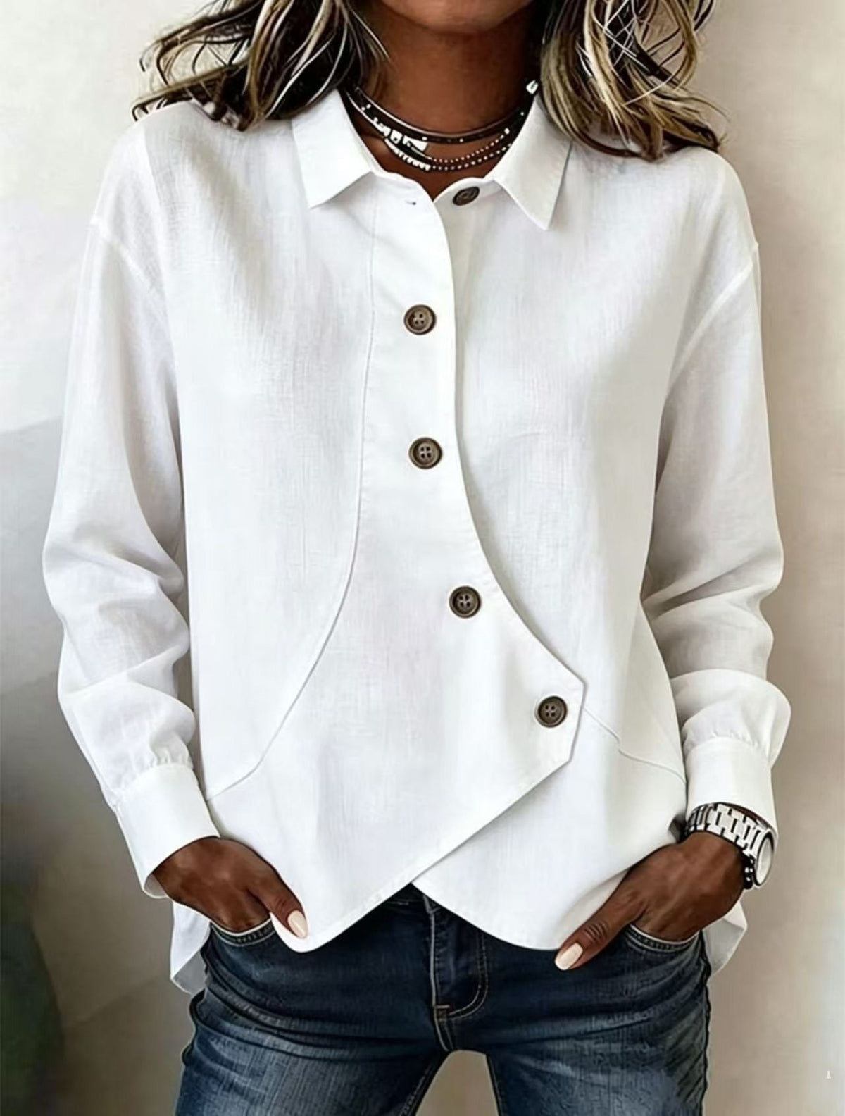 White Shawl Collar Long Sleeve Plain Asymmetric Button Loose Shirt For Women
