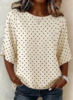 Cream Polka Dots Crew Neck 3/4 Sleeve Regular Fit Blouse For Women