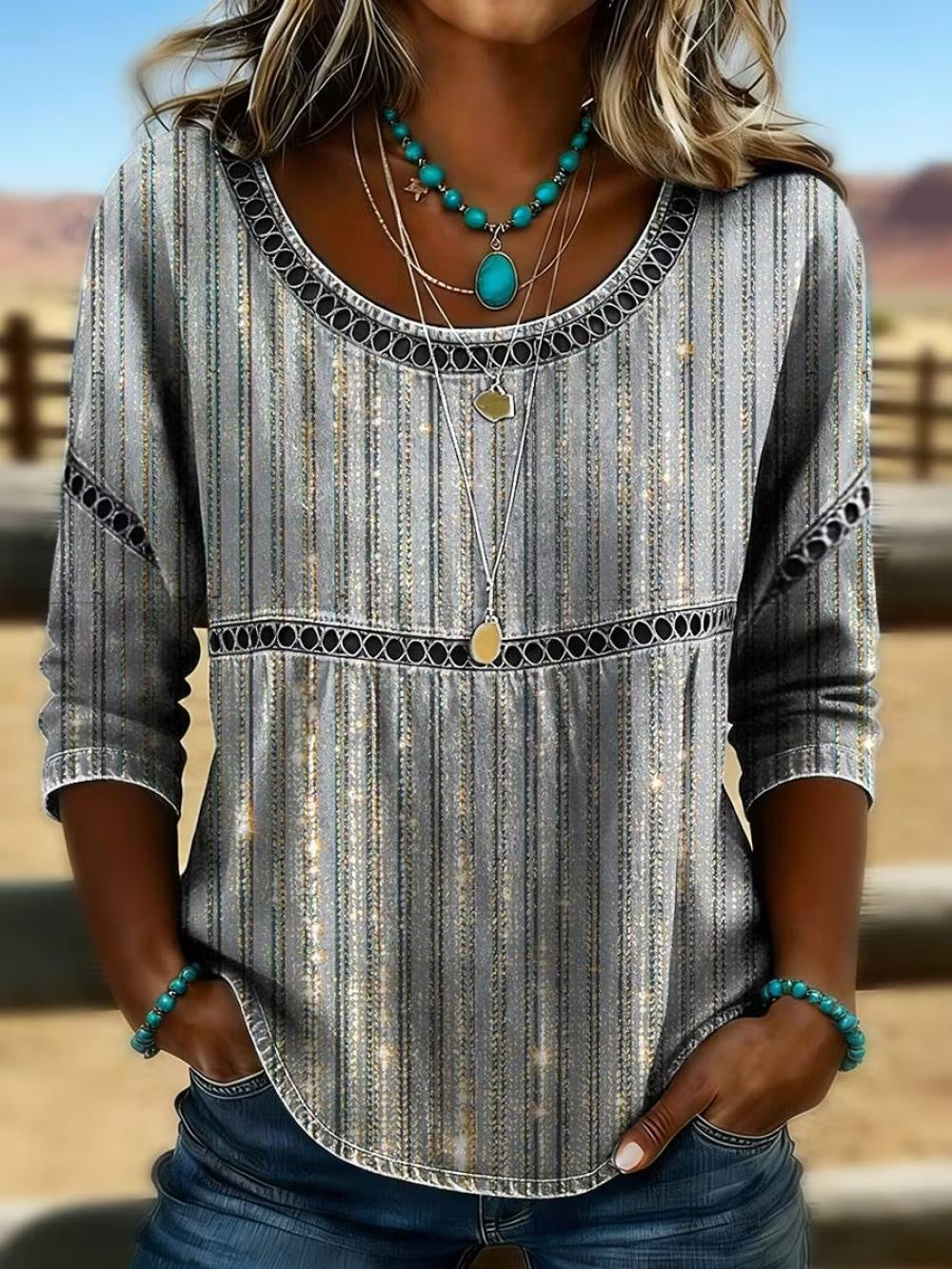 Grey Abstract Glitter Stripe Crew Neck Half Sleeve Loose Blouse For Women