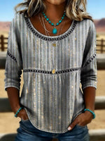 Grey Abstract Glitter Stripe Crew Neck Half Sleeve Loose Blouse For Women