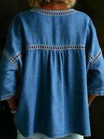 Blue Plain Denim Crew Neck 3/4 Sleeve Loose Blouse For Women