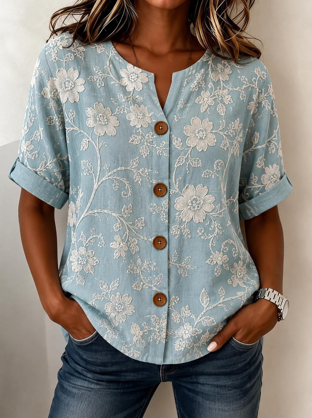 Light Blue Floral Print Stand Collar Short Sleeve Loose Shirt For Women