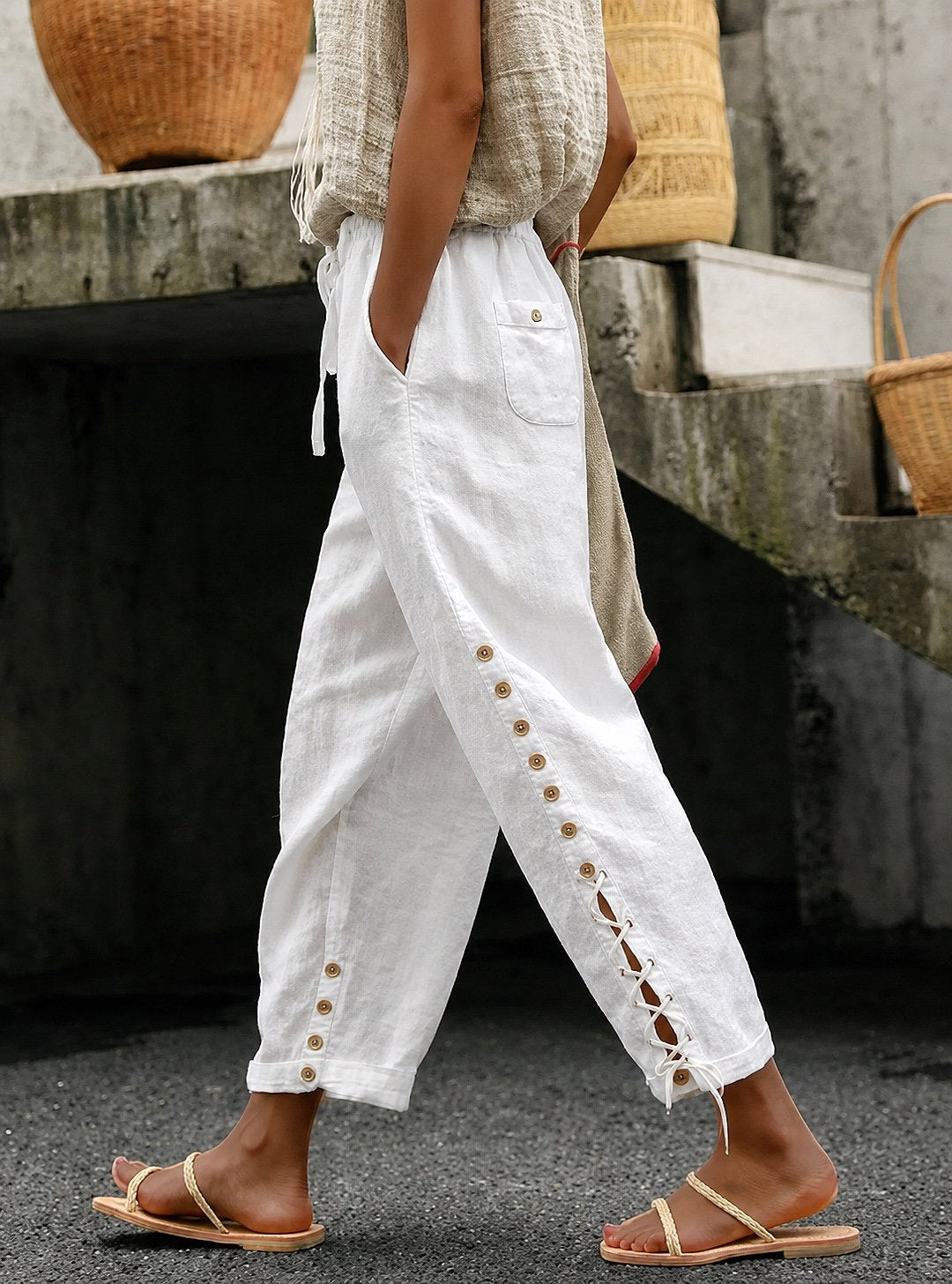 White Linen Drawstring Waist Ankle Pants With Side Button Lace-Up Detail For Women