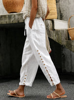 White Linen Drawstring Waist Ankle Pants With Side Button Lace-Up Detail For Women