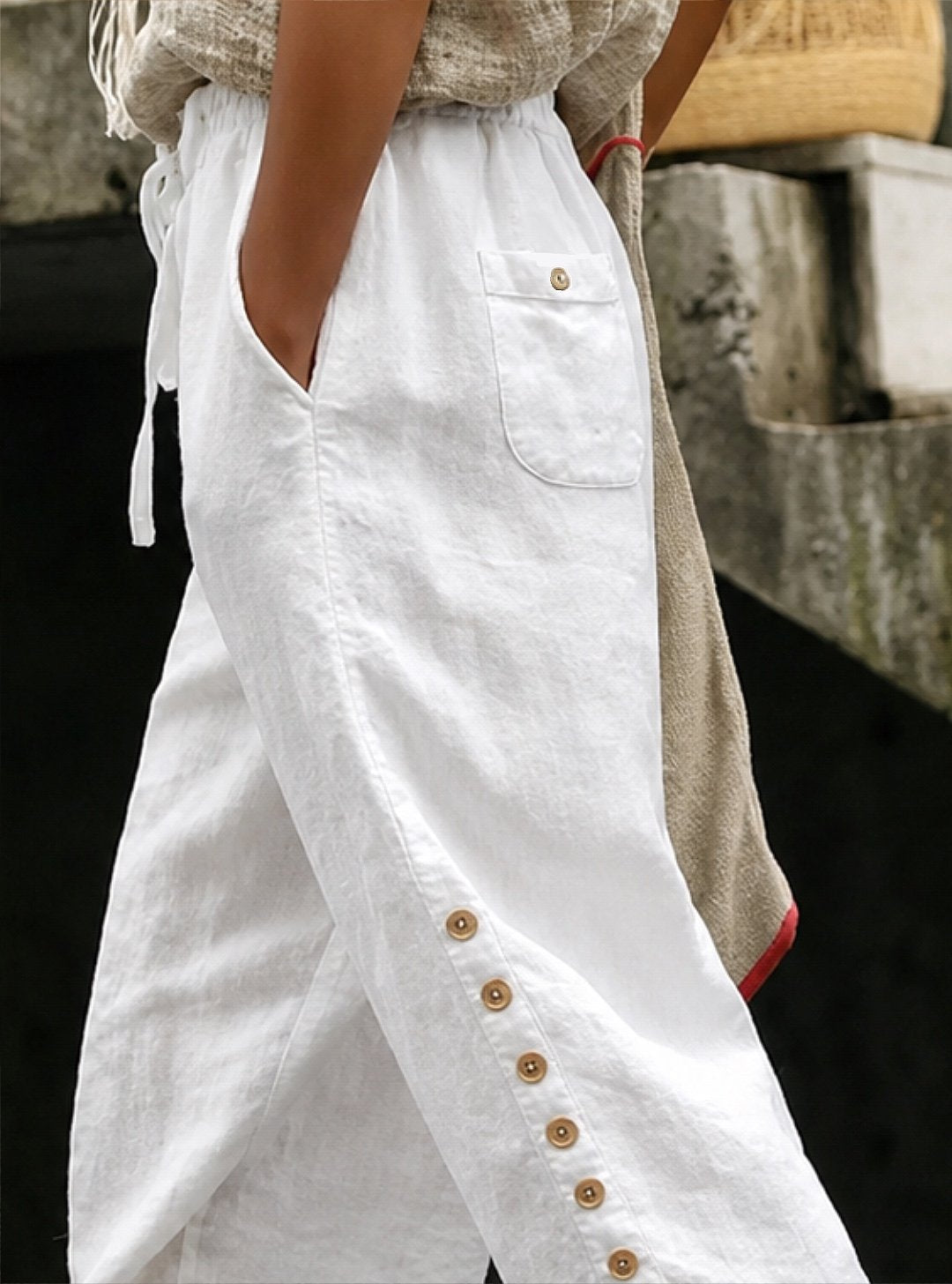 White Linen Drawstring Waist Ankle Pants With Side Button Lace-Up Detail For Women