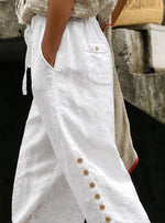 White Linen Drawstring Waist Ankle Pants With Side Button Lace-Up Detail For Women