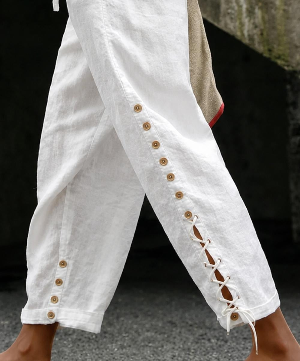 White Linen Drawstring Waist Ankle Pants With Side Button Lace-Up Detail For Women