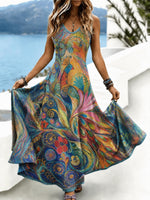 Vibrant Peacock Floral Print V Neck Sleeveless Tank A-Line Maxi Dress For Spring & Fall