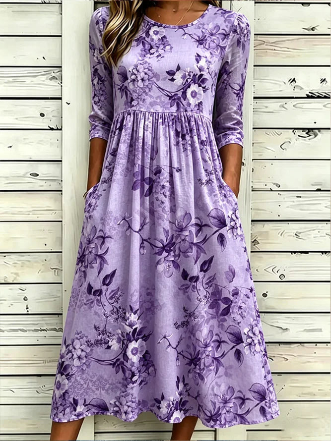 Purple Floral Crew Neck Half Sleeve A-Line Midi T-Shirt Dress For Women