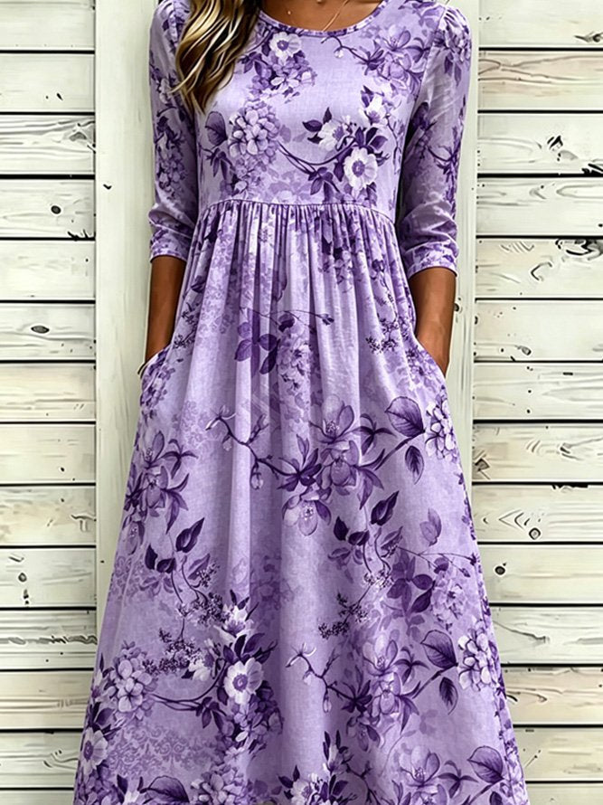 Purple Floral Crew Neck Half Sleeve A-Line Midi T-Shirt Dress For Women