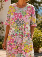 Pink Multicolor Abstract Polka Dot Crew Neck Half Sleeve A-Line Midi T-Shirt Dress For Women