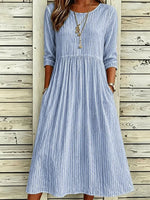 Blue Thin Vertical Stripe Crew Neck Half Sleeve H-Line Midi Dress For Women