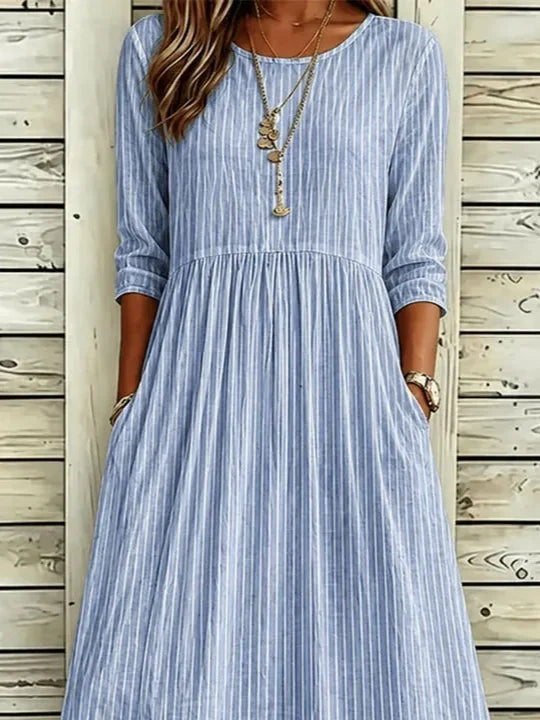Blue Thin Vertical Stripe Crew Neck Half Sleeve H-Line Midi Dress For Women