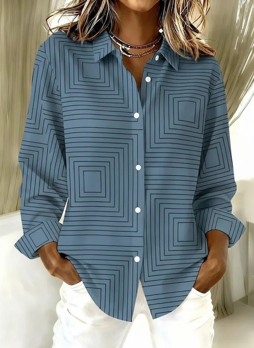 Dark Blue Concentric Square Geometric Shirt Collar Long Sleeve Button Down Shirt For Women