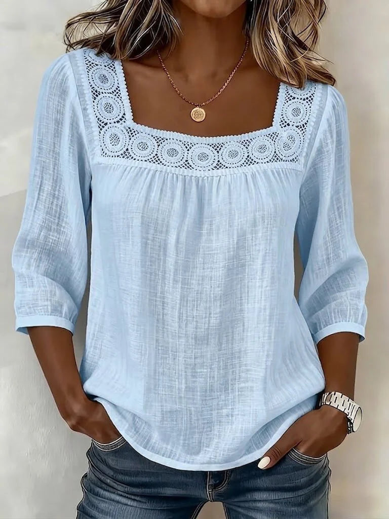 Light Blue Lace Square Neck Three-Quarter Sleeve Linen Blend Loose Blouse For Women