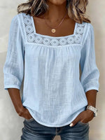 Light Blue Lace Square Neck Three-Quarter Sleeve Linen Blend Loose Blouse For Women