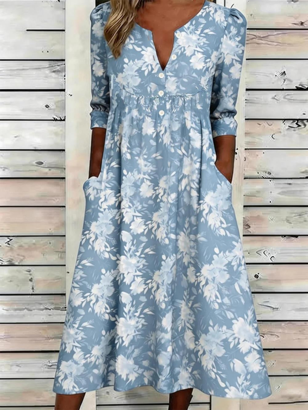 Light Blue White Floral Split V-Neck Puff Half Sleeve Empire Waist Boho Maxi Dress For Women