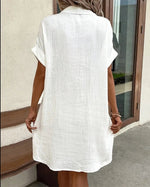 White Textured Shirt Collar Single Breasted Rolled Short Sleeve Pocket Loose Mini Shirt Dress For Women