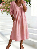 Cotton Linen V Neck Loose Midi Dress