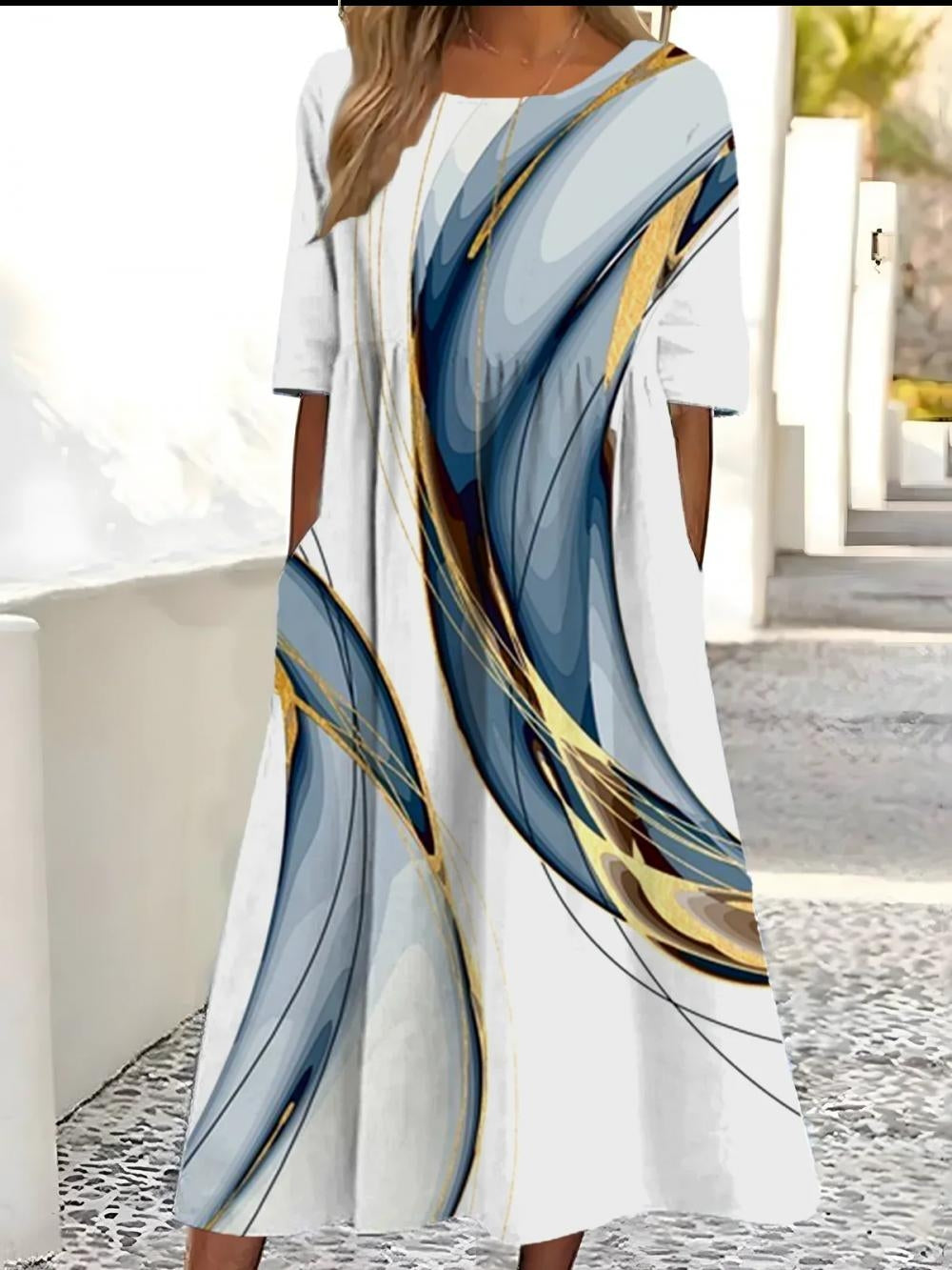Gradient Abstract Line Print Half Sleeve Maxi Shirt Dress