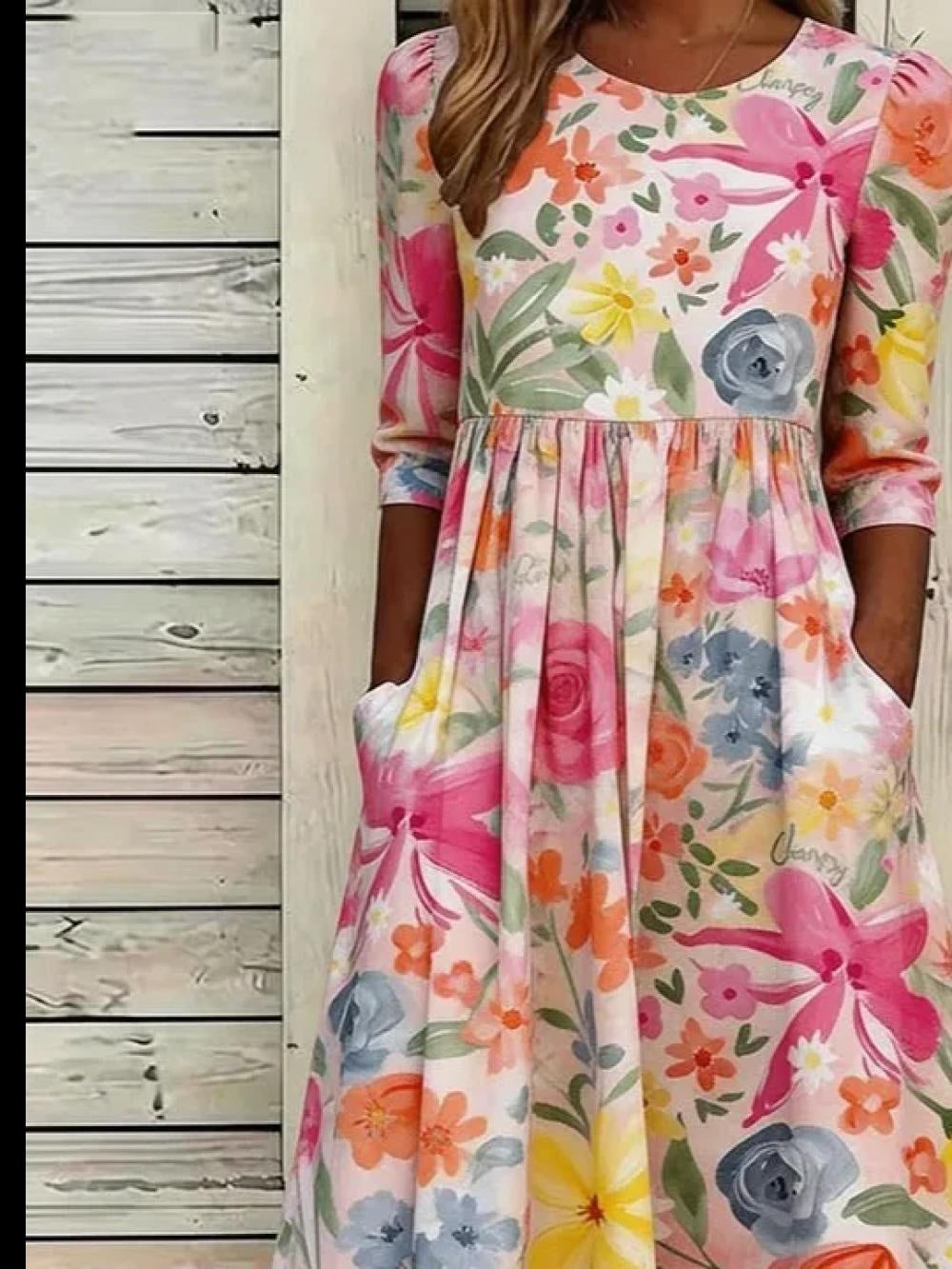 Floral Crew Neck Half Sleeve A-Line Maxi Dress