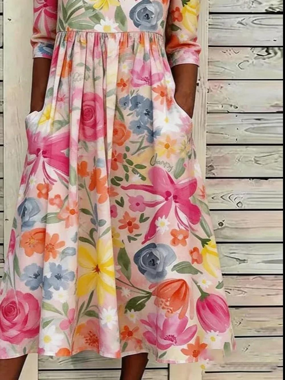 Floral Crew Neck Half Sleeve A-Line Maxi Dress