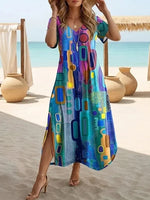 Abstract Geometric Print Crew Neck Short Sleeve Regular Fit H-Line Maxi T-Shirt Dress