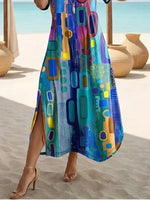 Abstract Geometric Print Crew Neck Short Sleeve Regular Fit H-Line Maxi T-Shirt Dress