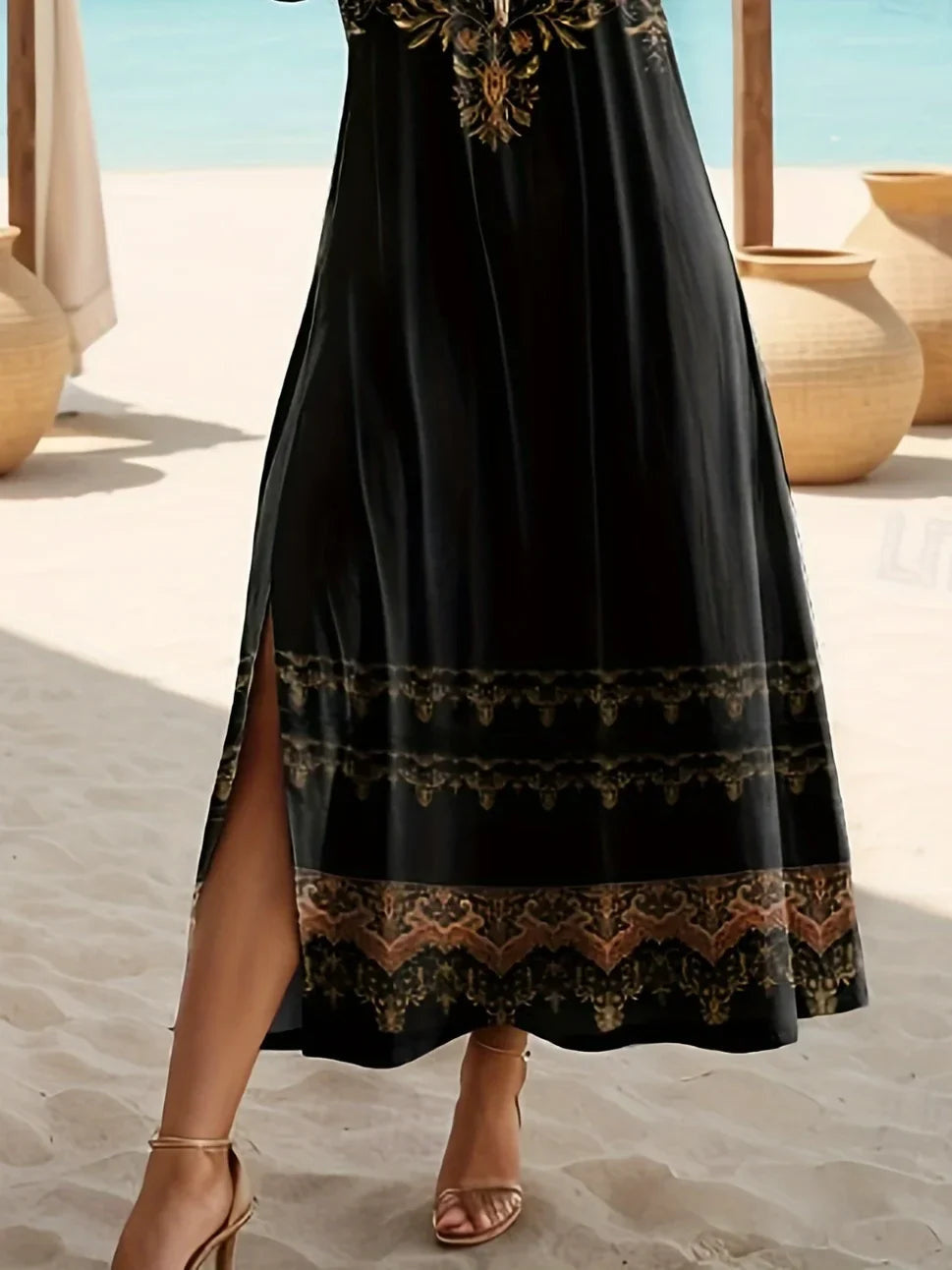 Vintage Floral Print Crew Neck Short Sleeve Side Slit A-Line Maxi Dress
