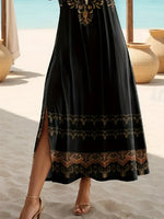 Vintage Floral Print Crew Neck Short Sleeve Side Slit A-Line Maxi Dress