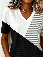 Color Block Striped Geometric V Neck Short Sleeve Loose Jersey T-Shirt