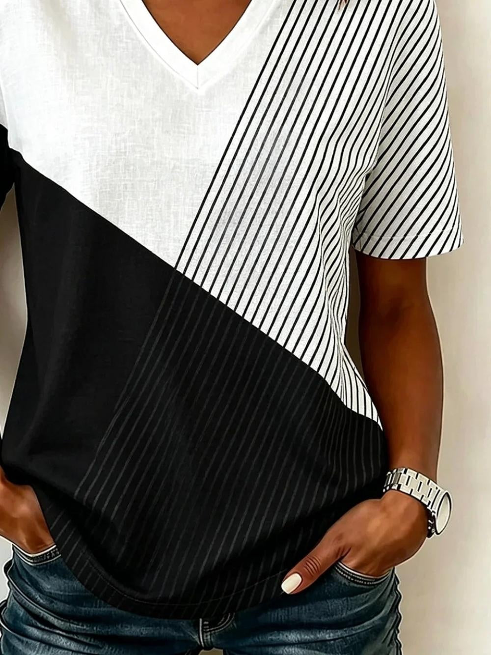 Color Block Striped Geometric V Neck Short Sleeve Loose Jersey T-Shirt