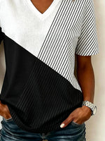 Color Block Striped Geometric V Neck Short Sleeve Loose Jersey T-Shirt