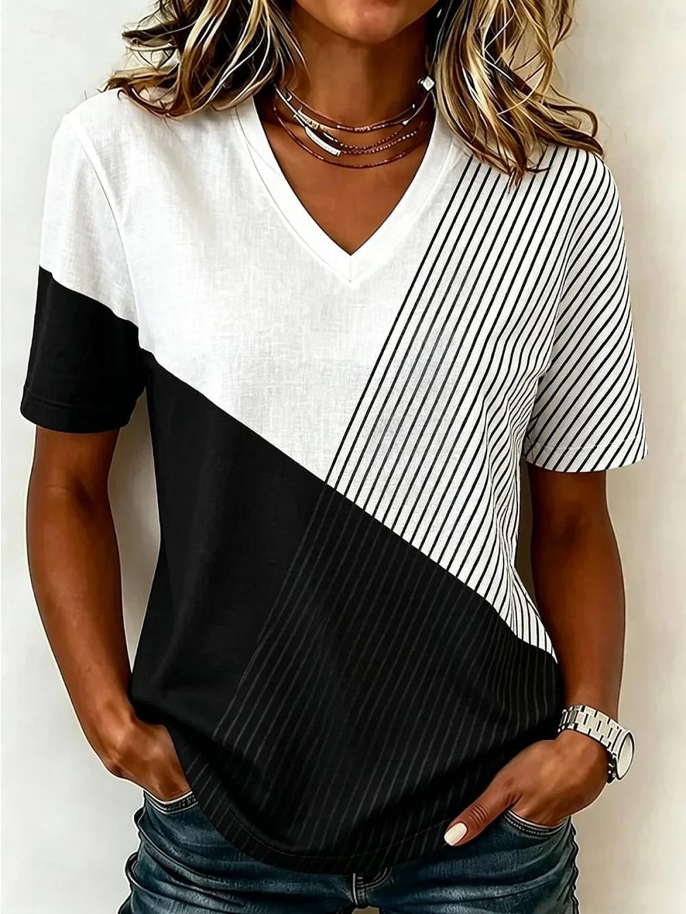 Color Block Striped Geometric V Neck Short Sleeve Loose Jersey T-Shirt