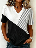 Color Block Striped Geometric V Neck Short Sleeve Loose Jersey T-Shirt