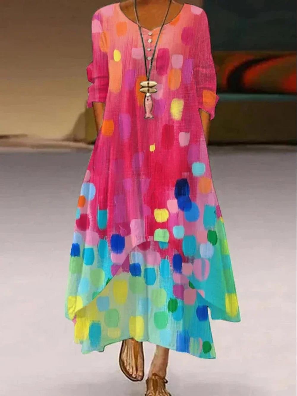 Gradient Color Block Print Crew Neck Long Sleeve Loose A-Line Maxi Chiffon Shirt Dress