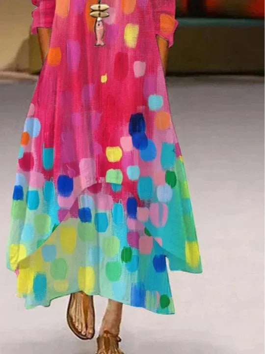 Gradient Color Block Print Crew Neck Long Sleeve Loose A-Line Maxi Chiffon Shirt Dress
