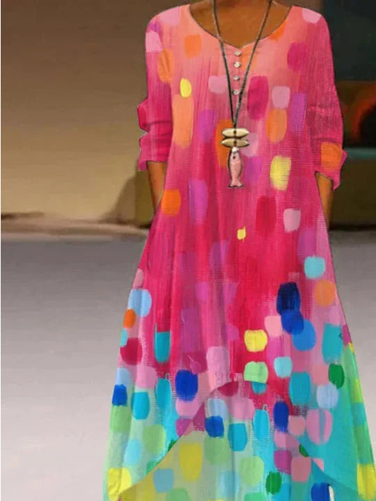 Gradient Color Block Print Crew Neck Long Sleeve Loose A-Line Maxi Chiffon Shirt Dress