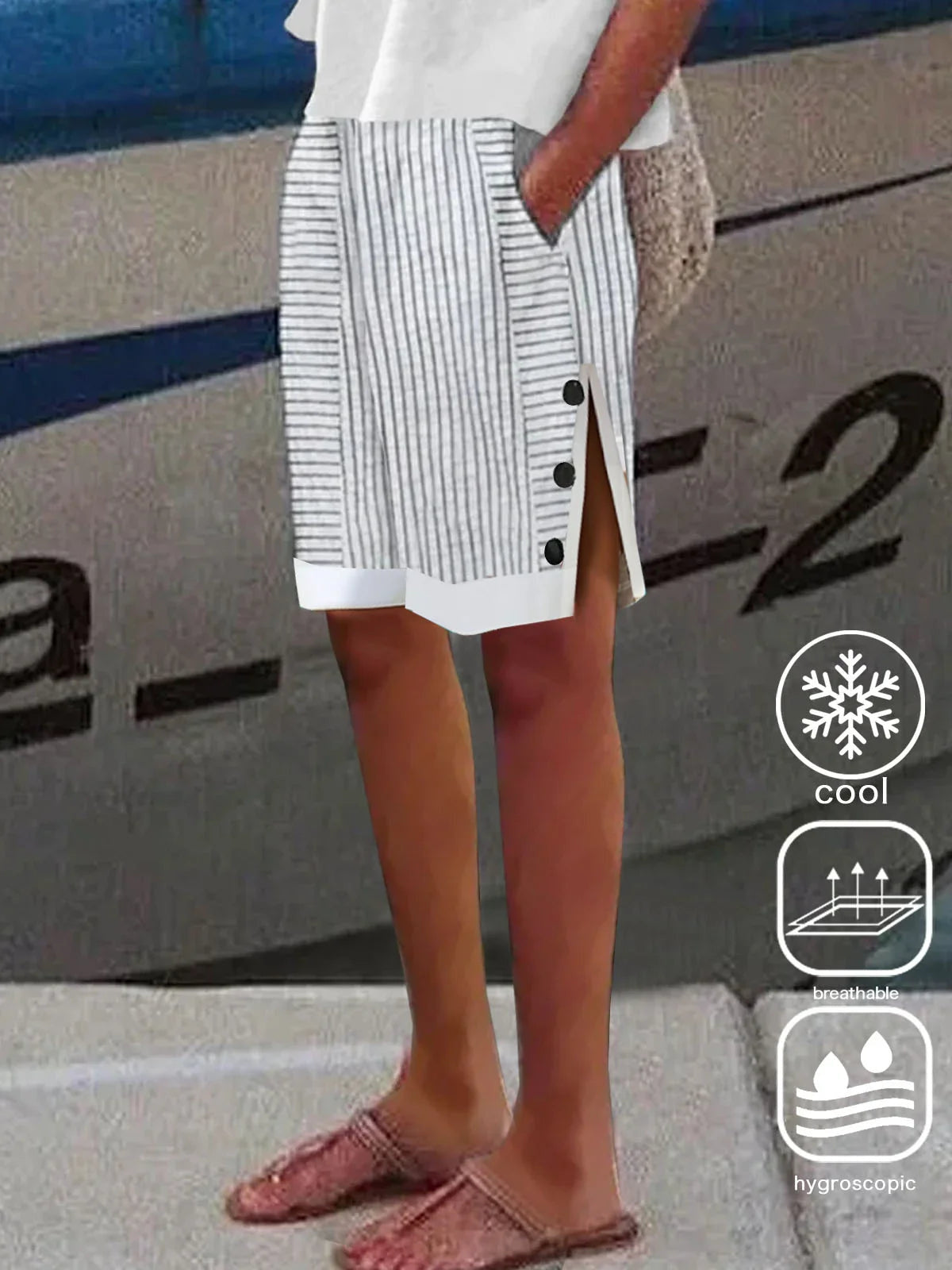 Vertical Stripe Print Natural Elastic Waist Side Slit Buckle Straight H-Line Cotton Shorts