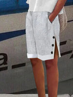 Vertical Stripe Print Natural Elastic Waist Side Slit Buckle Straight H-Line Cotton Shorts