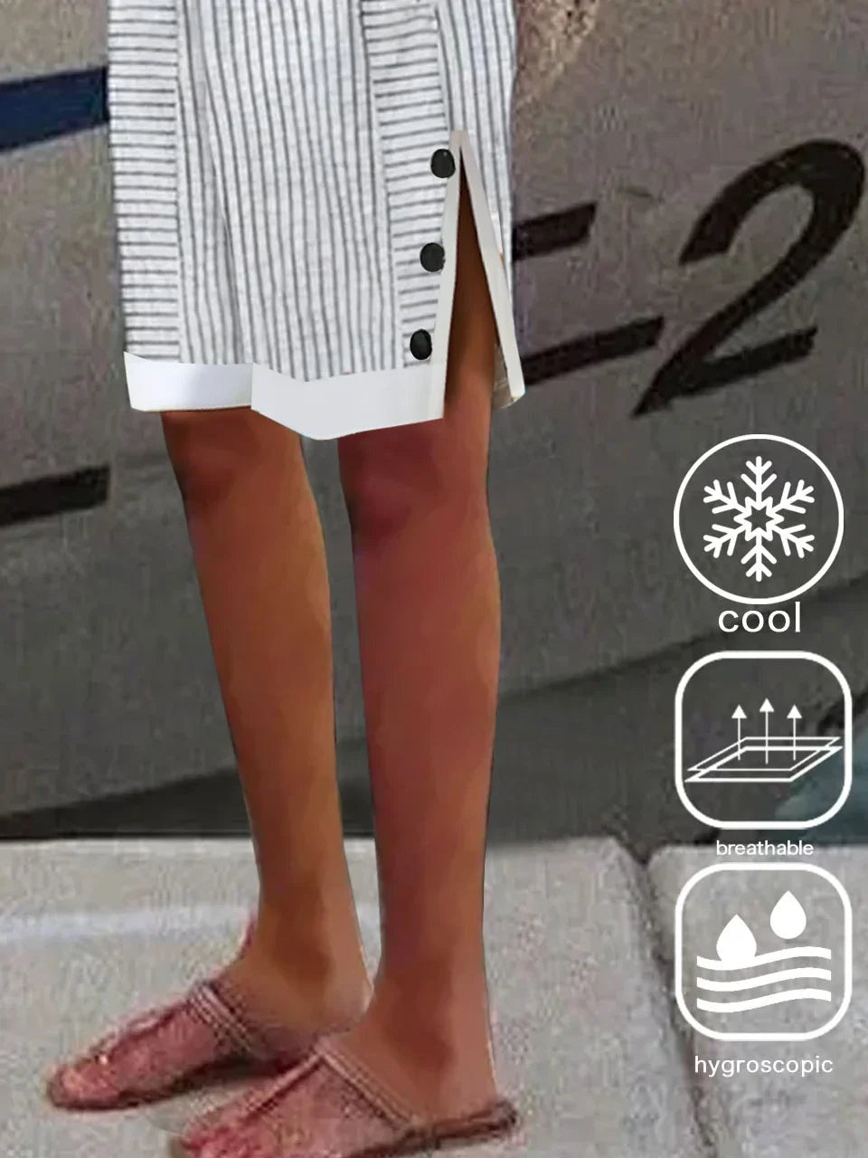 Vertical Stripe Print Natural Elastic Waist Side Slit Buckle Straight H-Line Cotton Shorts
